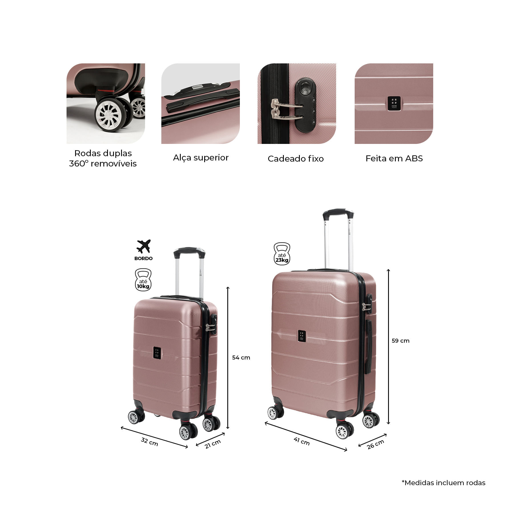 Kit de malas de viagem P/M ABS Rodas Duplas 360° Removíveis Tókio Swiss Move-1791993172473